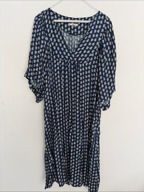 Lightweight Navy Blue Viscose Printed V-Neck Dress/Cover-Up